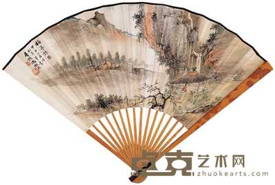 冯超然 王禔 甲申（1944年）、壬午（1942年）作 梅亭诗思图 篆书 成扇 